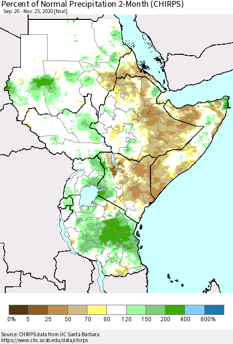 Eastern Africa Percent of Normal Precipitation 2-Month (CHIRPS) Thematic Map For 9/26/2020 - 11/25/2020