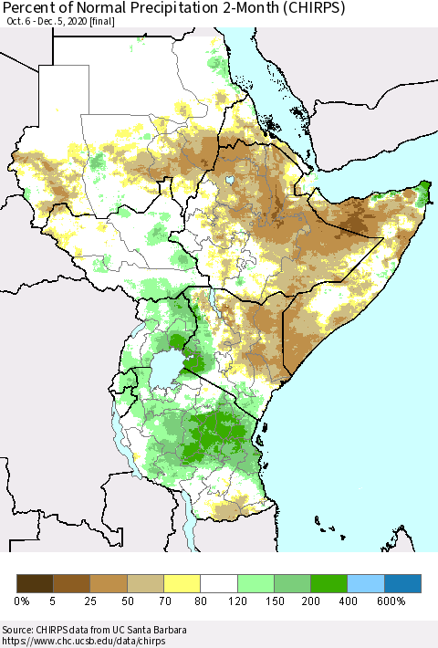 Eastern Africa Percent of Normal Precipitation 2-Month (CHIRPS) Thematic Map For 10/6/2020 - 12/5/2020