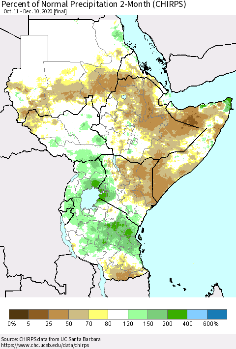 Eastern Africa Percent of Normal Precipitation 2-Month (CHIRPS) Thematic Map For 10/11/2020 - 12/10/2020