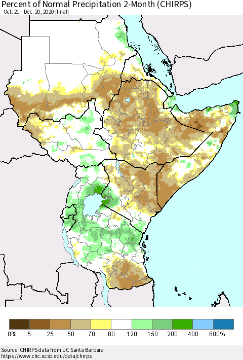 Eastern Africa Percent of Normal Precipitation 2-Month (CHIRPS) Thematic Map For 10/21/2020 - 12/20/2020