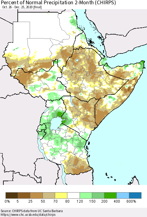 Eastern Africa Percent of Normal Precipitation 2-Month (CHIRPS) Thematic Map For 10/26/2020 - 12/25/2020