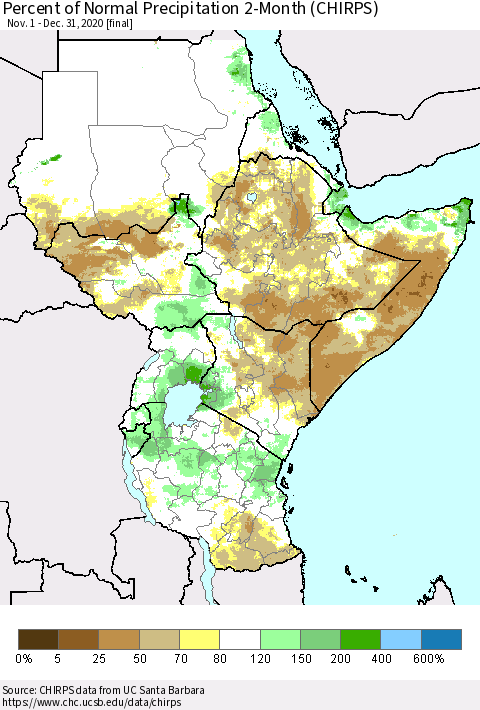 Eastern Africa Percent of Normal Precipitation 2-Month (CHIRPS) Thematic Map For 11/1/2020 - 12/31/2020
