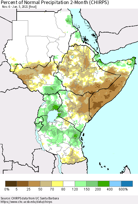 Eastern Africa Percent of Normal Precipitation 2-Month (CHIRPS) Thematic Map For 11/6/2020 - 1/5/2021