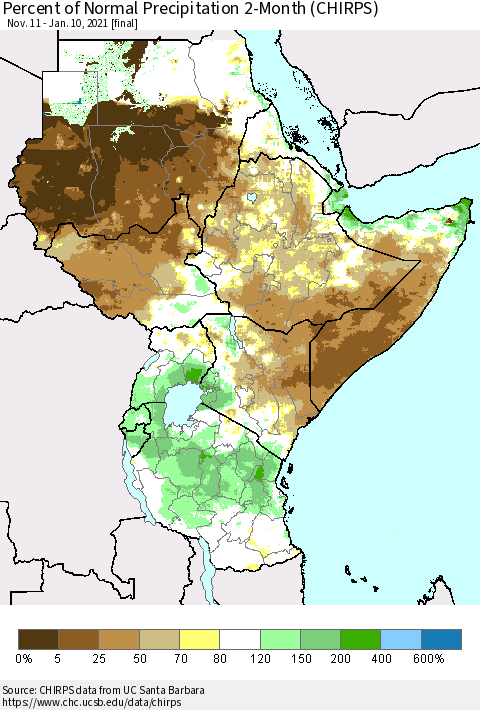 Eastern Africa Percent of Normal Precipitation 2-Month (CHIRPS) Thematic Map For 11/11/2020 - 1/10/2021