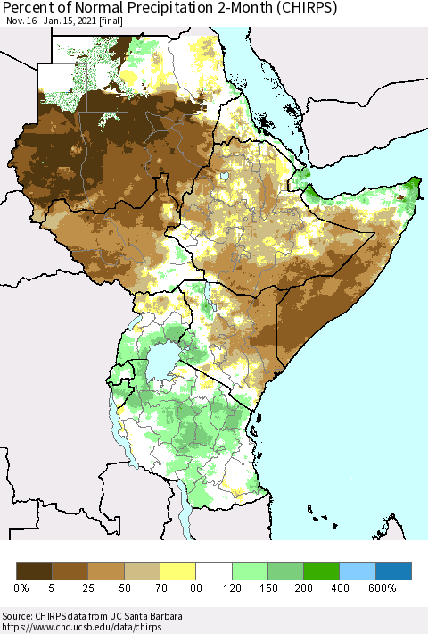 Eastern Africa Percent of Normal Precipitation 2-Month (CHIRPS) Thematic Map For 11/16/2020 - 1/15/2021