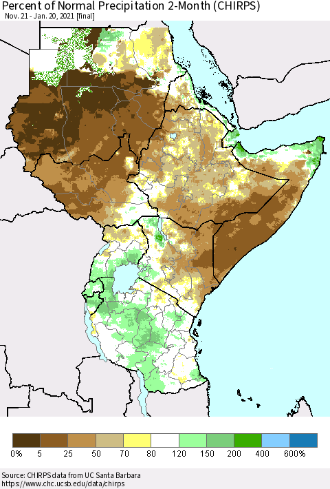 Eastern Africa Percent of Normal Precipitation 2-Month (CHIRPS) Thematic Map For 11/21/2020 - 1/20/2021