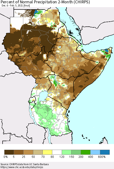 Eastern Africa Percent of Normal Precipitation 2-Month (CHIRPS) Thematic Map For 12/6/2020 - 2/5/2021