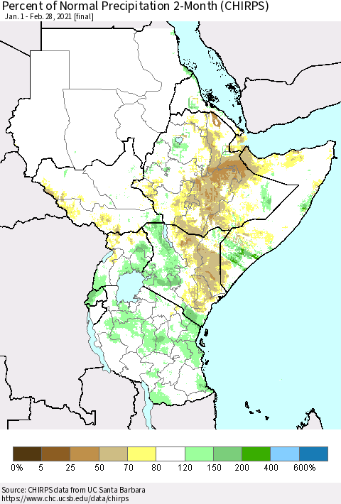 Eastern Africa Percent of Normal Precipitation 2-Month (CHIRPS) Thematic Map For 1/1/2021 - 2/28/2021
