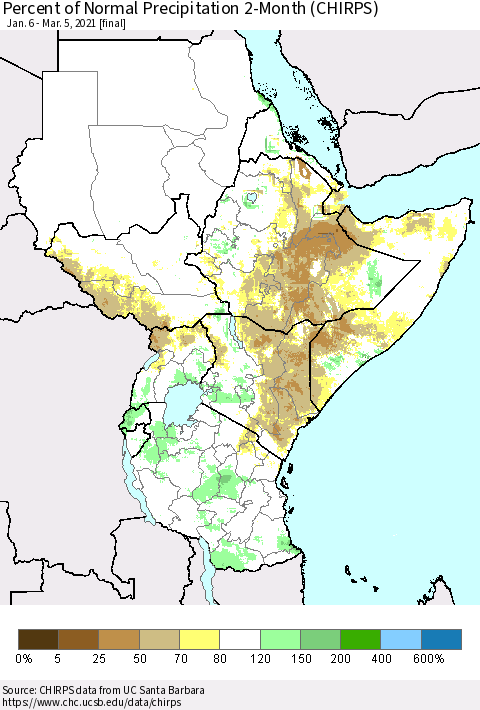 Eastern Africa Percent of Normal Precipitation 2-Month (CHIRPS) Thematic Map For 1/6/2021 - 3/5/2021
