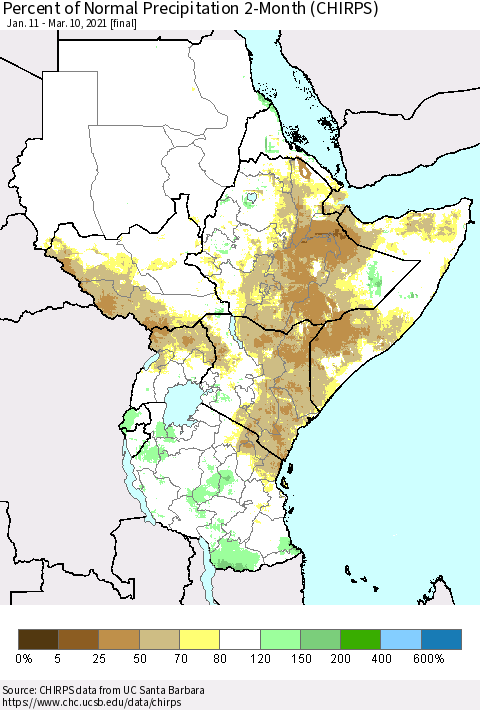 Eastern Africa Percent of Normal Precipitation 2-Month (CHIRPS) Thematic Map For 1/11/2021 - 3/10/2021