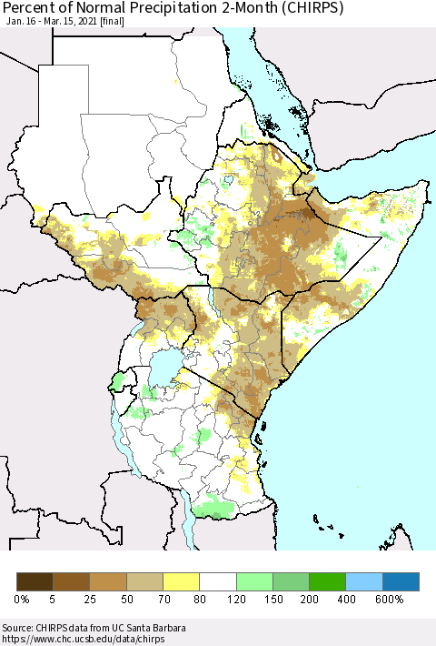 Eastern Africa Percent of Normal Precipitation 2-Month (CHIRPS) Thematic Map For 1/16/2021 - 3/15/2021