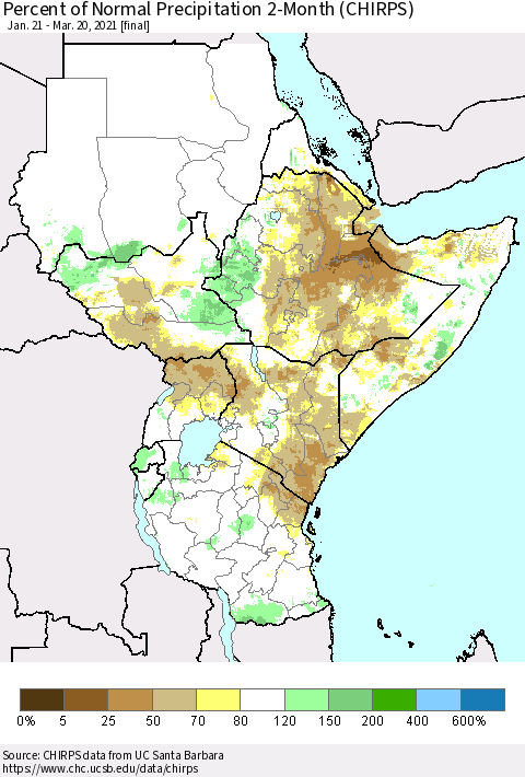 Eastern Africa Percent of Normal Precipitation 2-Month (CHIRPS) Thematic Map For 1/21/2021 - 3/20/2021