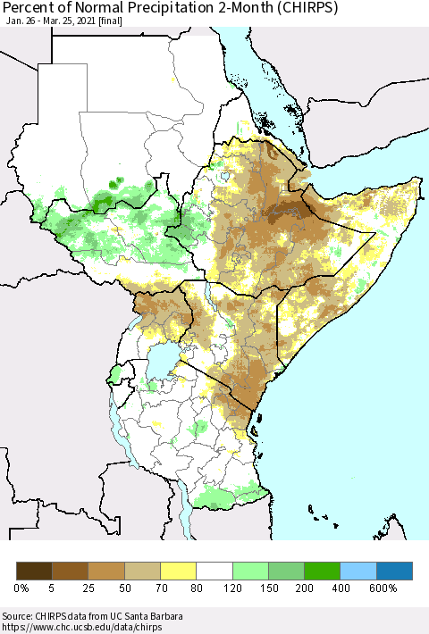 Eastern Africa Percent of Normal Precipitation 2-Month (CHIRPS) Thematic Map For 1/26/2021 - 3/25/2021