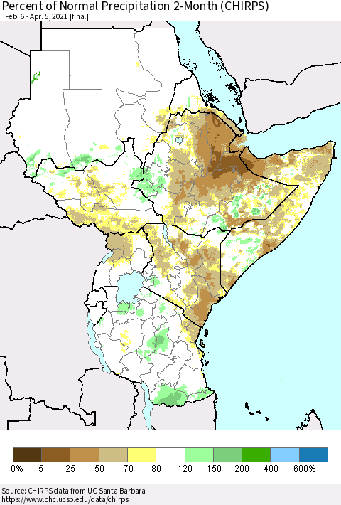 Eastern Africa Percent of Normal Precipitation 2-Month (CHIRPS) Thematic Map For 2/6/2021 - 4/5/2021