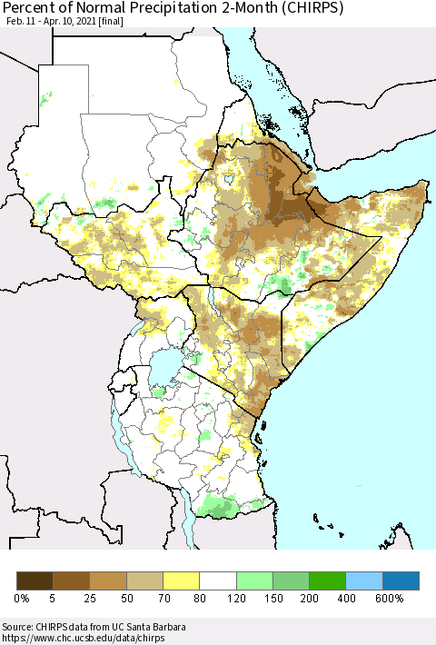Eastern Africa Percent of Normal Precipitation 2-Month (CHIRPS) Thematic Map For 2/11/2021 - 4/10/2021