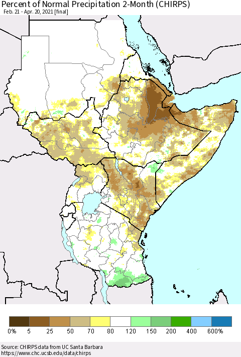 Eastern Africa Percent of Normal Precipitation 2-Month (CHIRPS) Thematic Map For 2/21/2021 - 4/20/2021