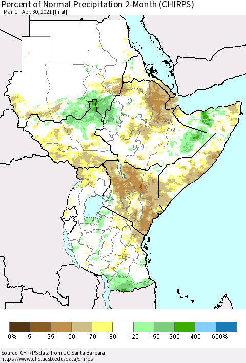 Eastern Africa Percent of Normal Precipitation 2-Month (CHIRPS) Thematic Map For 3/1/2021 - 4/30/2021