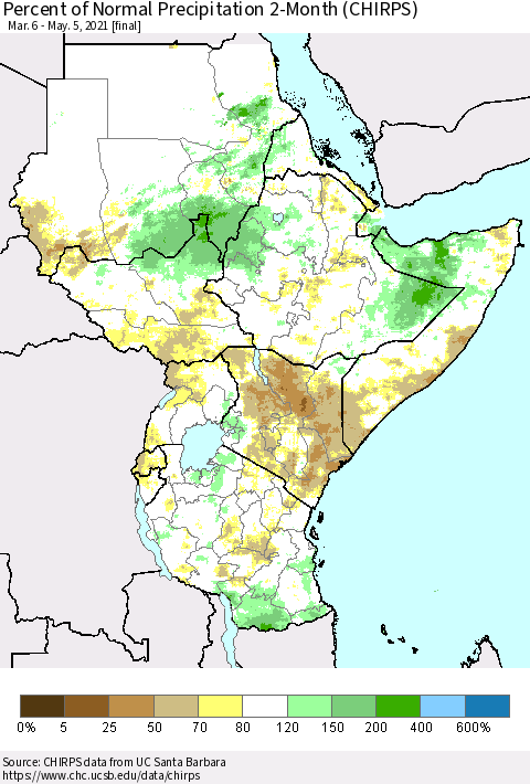 Eastern Africa Percent of Normal Precipitation 2-Month (CHIRPS) Thematic Map For 3/6/2021 - 5/5/2021