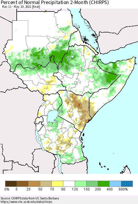 Eastern Africa Percent of Normal Precipitation 2-Month (CHIRPS) Thematic Map For 3/11/2021 - 5/10/2021