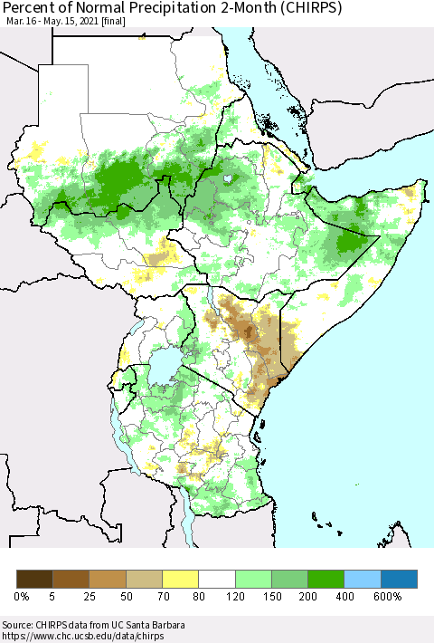 Eastern Africa Percent of Normal Precipitation 2-Month (CHIRPS) Thematic Map For 3/16/2021 - 5/15/2021