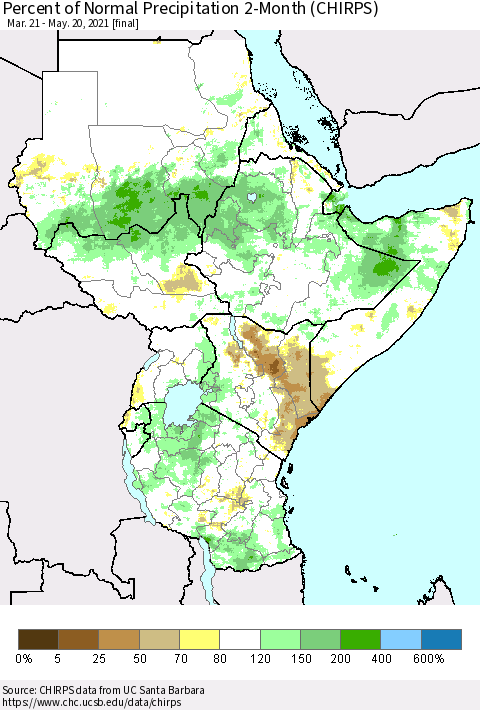 Eastern Africa Percent of Normal Precipitation 2-Month (CHIRPS) Thematic Map For 3/21/2021 - 5/20/2021