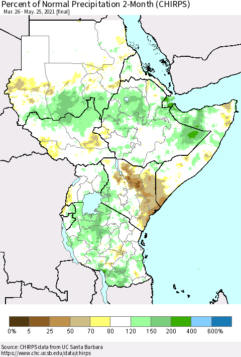 Eastern Africa Percent of Normal Precipitation 2-Month (CHIRPS) Thematic Map For 3/26/2021 - 5/25/2021