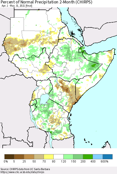 Eastern Africa Percent of Normal Precipitation 2-Month (CHIRPS) Thematic Map For 4/1/2021 - 5/31/2021