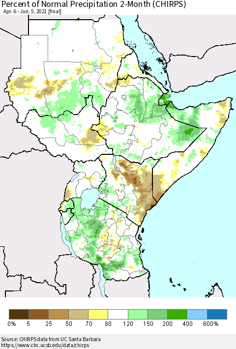 Eastern Africa Percent of Normal Precipitation 2-Month (CHIRPS) Thematic Map For 4/6/2021 - 6/5/2021