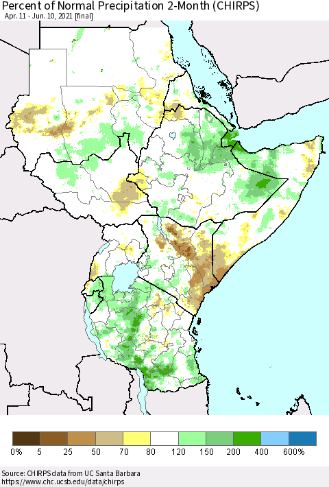 Eastern Africa Percent of Normal Precipitation 2-Month (CHIRPS) Thematic Map For 4/11/2021 - 6/10/2021