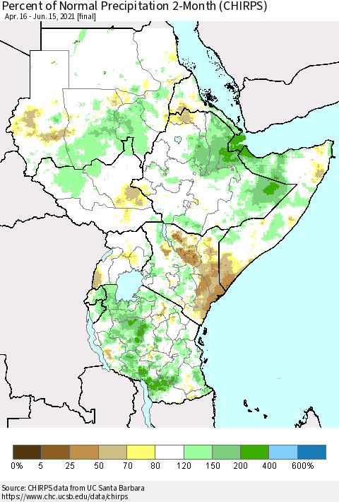 Eastern Africa Percent of Normal Precipitation 2-Month (CHIRPS) Thematic Map For 4/16/2021 - 6/15/2021