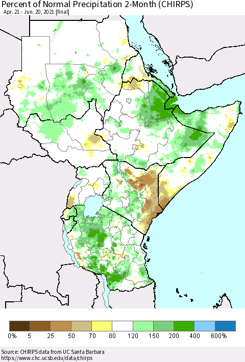 Eastern Africa Percent of Normal Precipitation 2-Month (CHIRPS) Thematic Map For 4/21/2021 - 6/20/2021