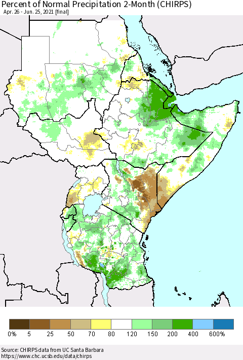 Eastern Africa Percent of Normal Precipitation 2-Month (CHIRPS) Thematic Map For 4/26/2021 - 6/25/2021