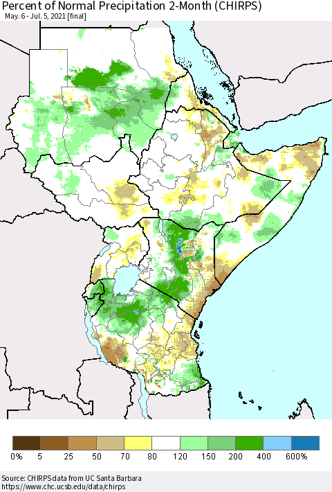 Eastern Africa Percent of Normal Precipitation 2-Month (CHIRPS) Thematic Map For 5/6/2021 - 7/5/2021