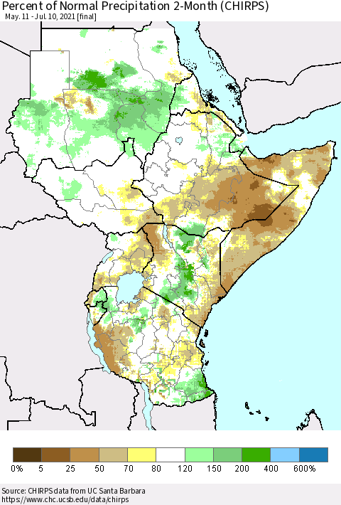 Eastern Africa Percent of Normal Precipitation 2-Month (CHIRPS) Thematic Map For 5/11/2021 - 7/10/2021