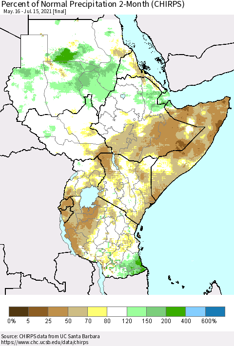 Eastern Africa Percent of Normal Precipitation 2-Month (CHIRPS) Thematic Map For 5/16/2021 - 7/15/2021