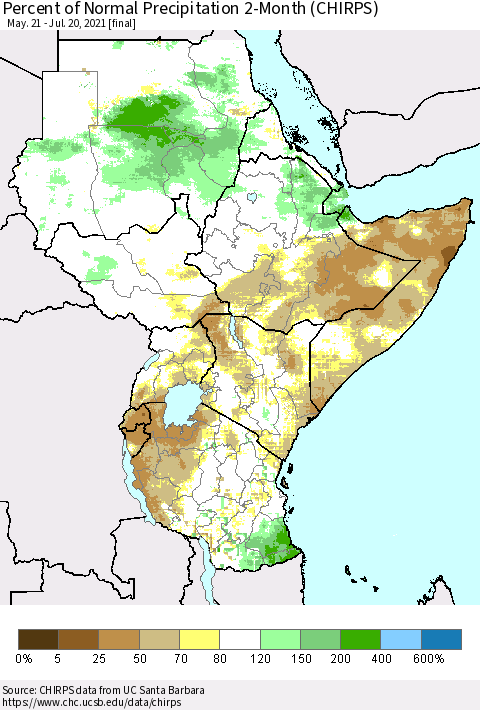 Eastern Africa Percent of Normal Precipitation 2-Month (CHIRPS) Thematic Map For 5/21/2021 - 7/20/2021