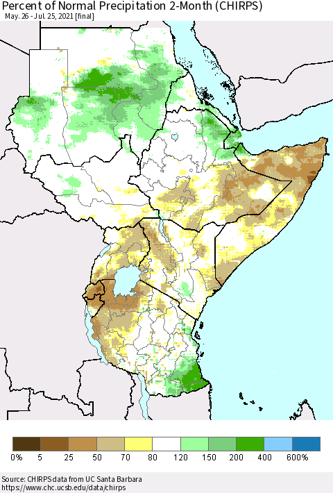 Eastern Africa Percent of Normal Precipitation 2-Month (CHIRPS) Thematic Map For 5/26/2021 - 7/25/2021
