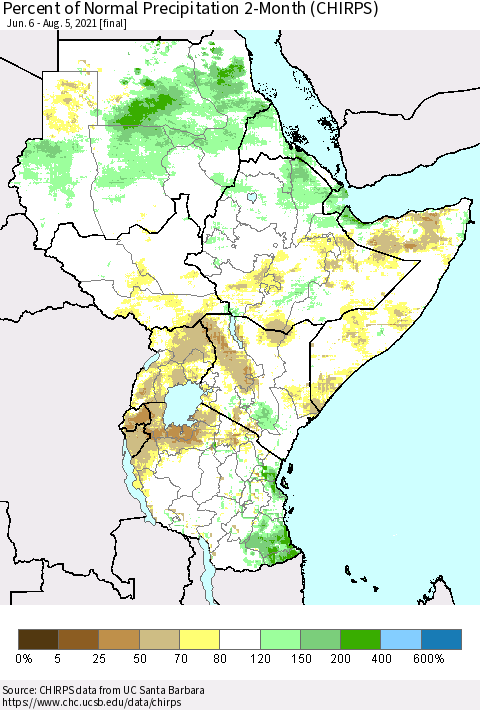 Eastern Africa Percent of Normal Precipitation 2-Month (CHIRPS) Thematic Map For 6/6/2021 - 8/5/2021