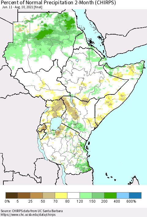 Eastern Africa Percent of Normal Precipitation 2-Month (CHIRPS) Thematic Map For 6/11/2021 - 8/10/2021