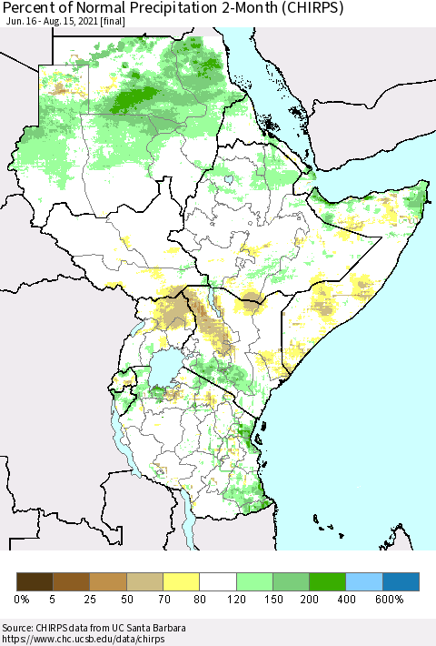 Eastern Africa Percent of Normal Precipitation 2-Month (CHIRPS) Thematic Map For 6/16/2021 - 8/15/2021