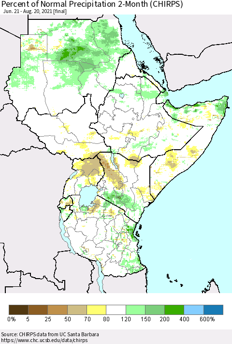 Eastern Africa Percent of Normal Precipitation 2-Month (CHIRPS) Thematic Map For 6/21/2021 - 8/20/2021