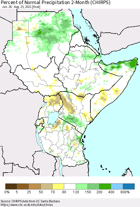 Eastern Africa Percent of Normal Precipitation 2-Month (CHIRPS) Thematic Map For 6/26/2021 - 8/25/2021