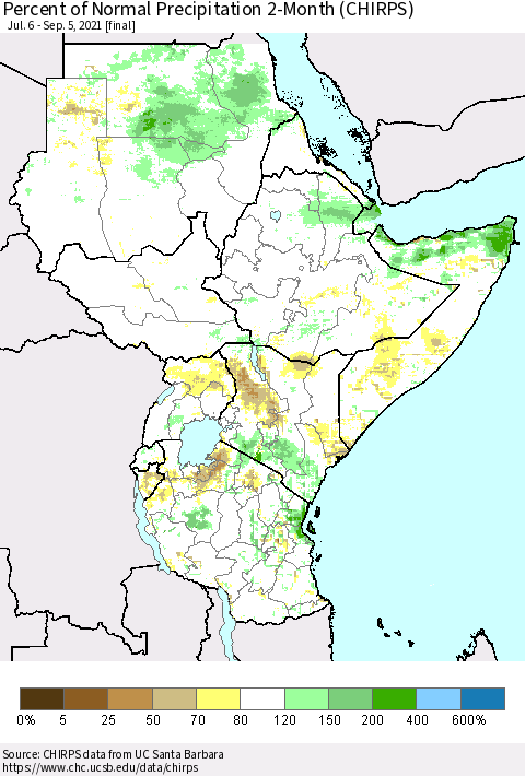 Eastern Africa Percent of Normal Precipitation 2-Month (CHIRPS) Thematic Map For 7/6/2021 - 9/5/2021