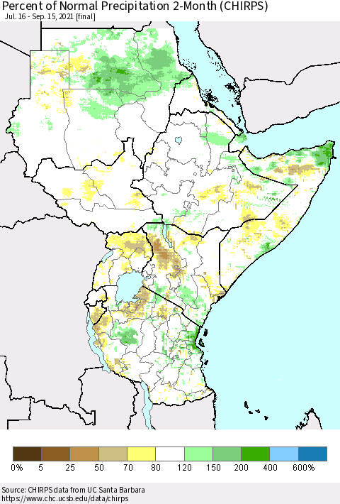 Eastern Africa Percent of Normal Precipitation 2-Month (CHIRPS) Thematic Map For 7/16/2021 - 9/15/2021