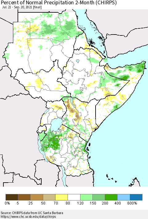 Eastern Africa Percent of Normal Precipitation 2-Month (CHIRPS) Thematic Map For 7/21/2021 - 9/20/2021