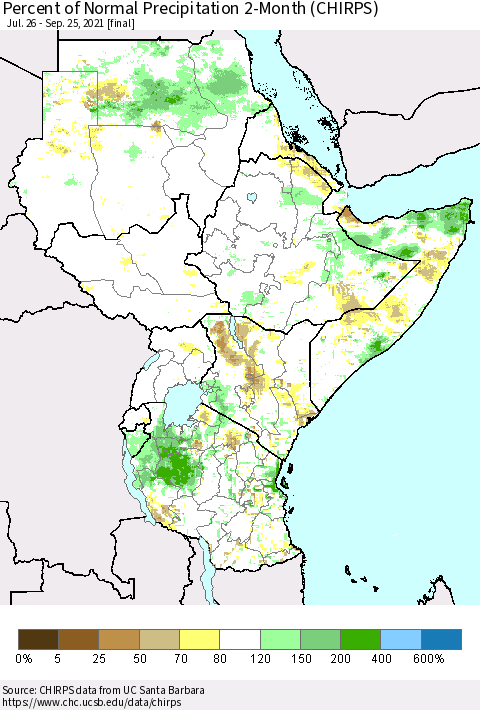 Eastern Africa Percent of Normal Precipitation 2-Month (CHIRPS) Thematic Map For 7/26/2021 - 9/25/2021