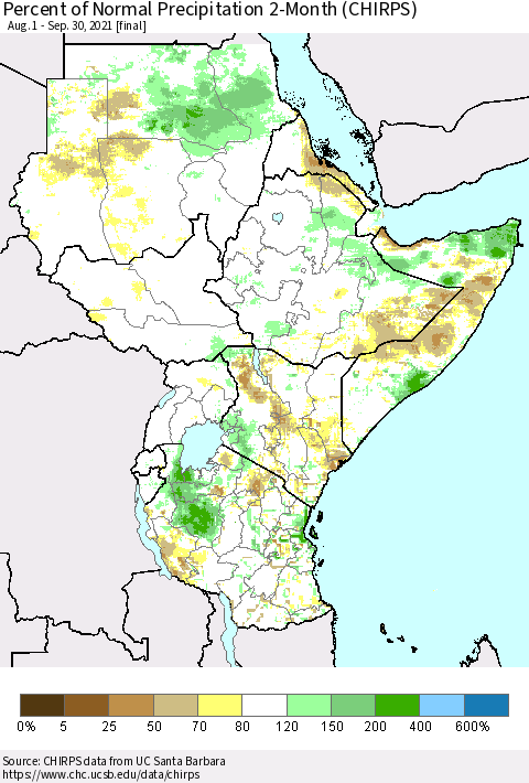 Eastern Africa Percent of Normal Precipitation 2-Month (CHIRPS) Thematic Map For 8/1/2021 - 9/30/2021