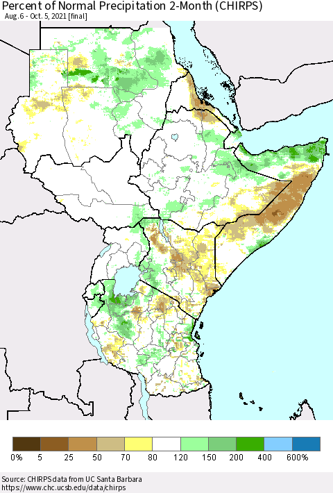 Eastern Africa Percent of Normal Precipitation 2-Month (CHIRPS) Thematic Map For 8/6/2021 - 10/5/2021