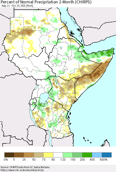 Eastern Africa Percent of Normal Precipitation 2-Month (CHIRPS) Thematic Map For 8/11/2021 - 10/10/2021