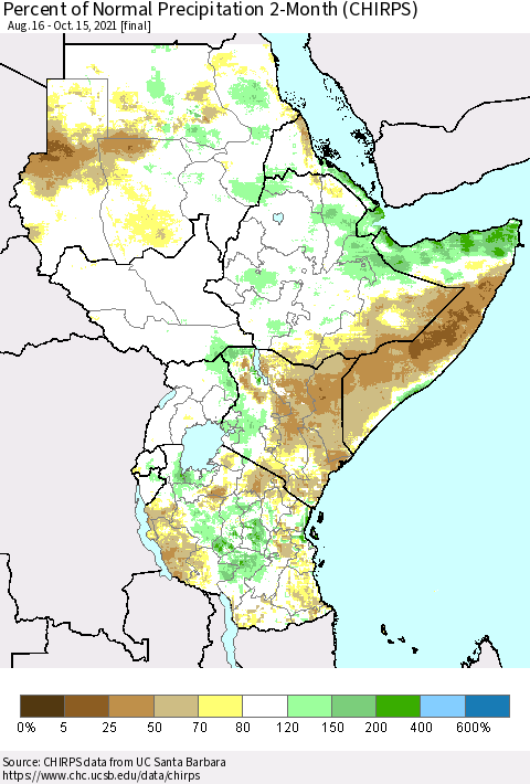 Eastern Africa Percent of Normal Precipitation 2-Month (CHIRPS) Thematic Map For 8/16/2021 - 10/15/2021